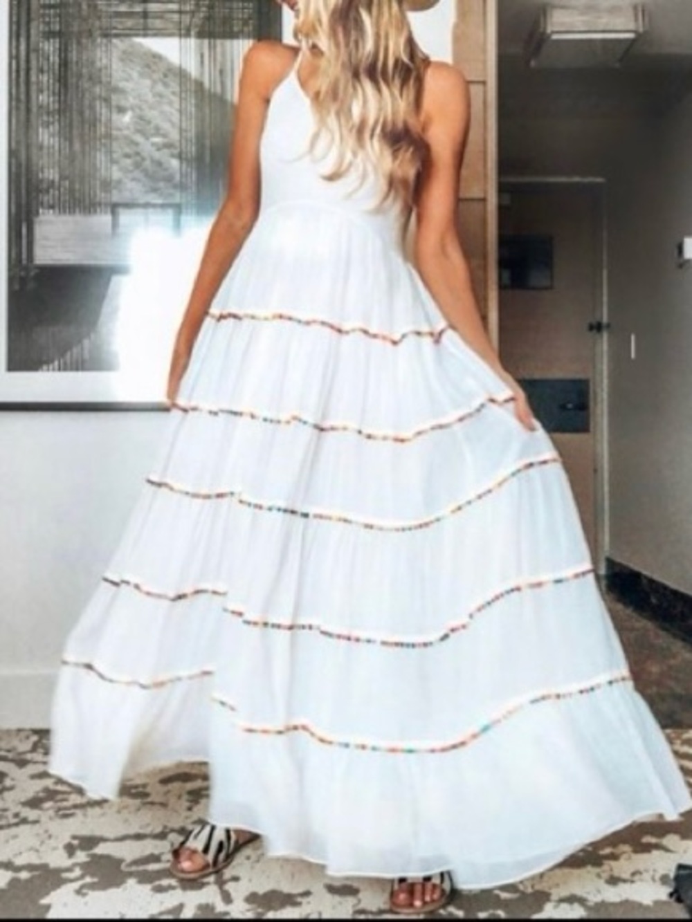 Catherine Malandrino Soumaya White Tiered Ruffled Pom Pom Summer Maxi Dress